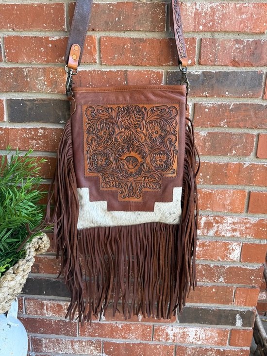 American Darling Handbags - American Darling Fringe Tooled Leather Crossbody Bag with Cow Hide